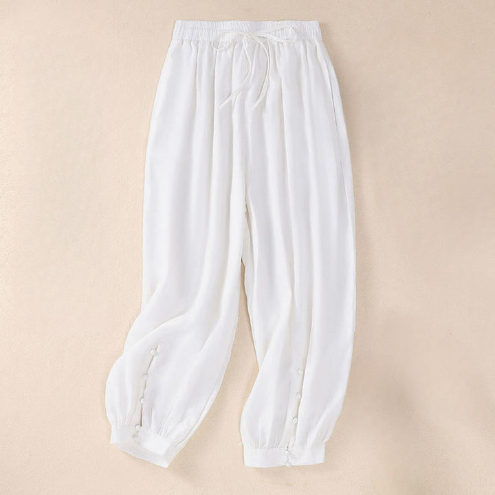 Buddha Stones Pure Color Drawstring Frog-Button Cotton Linen Women's Harem Pants With Pockets - White - US8-10，UK/AU12-14，EU40-42 (2XL) - image 7