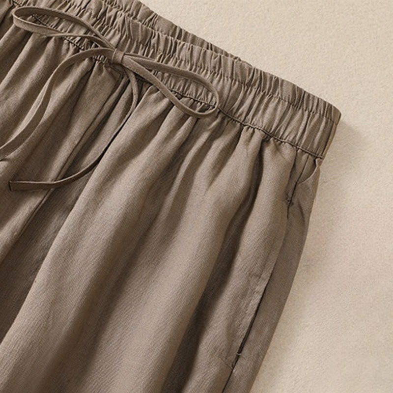 Buddha Stones Pure Color Drawstring Frog-Button Cotton Linen Women's Harem Pants With Pockets