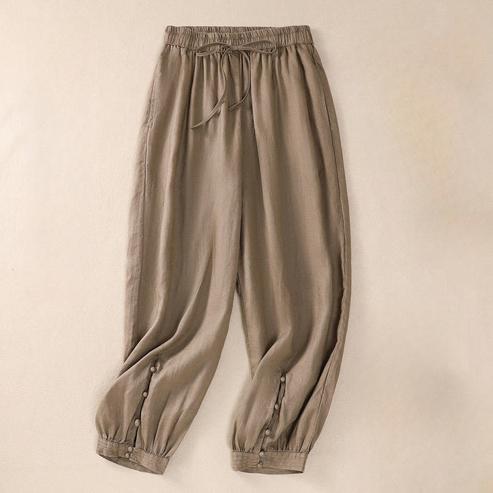 Buddha Stones Pure Color Drawstring Frog-Button Cotton Linen Women's Harem Pants With Pockets