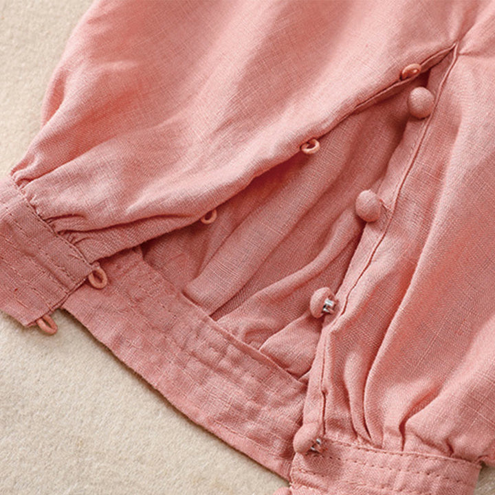 Buddha Stones Pure Color Drawstring Frog-Button Cotton Linen Women's Harem Pants With Pockets