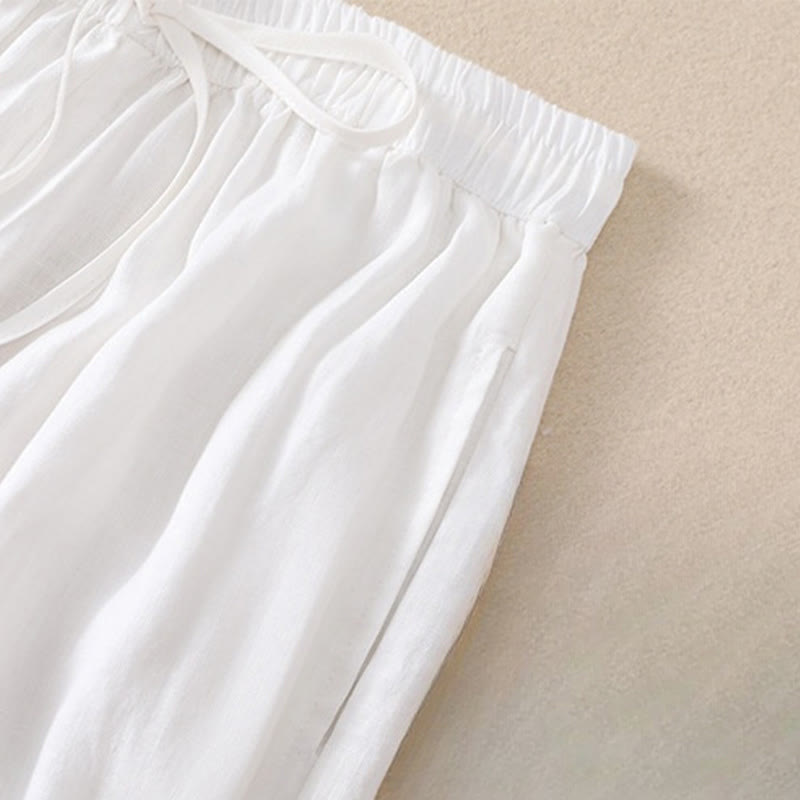 Buddha Stones Pure Color Drawstring Frog-Button Cotton Linen Women's Harem Pants With Pockets