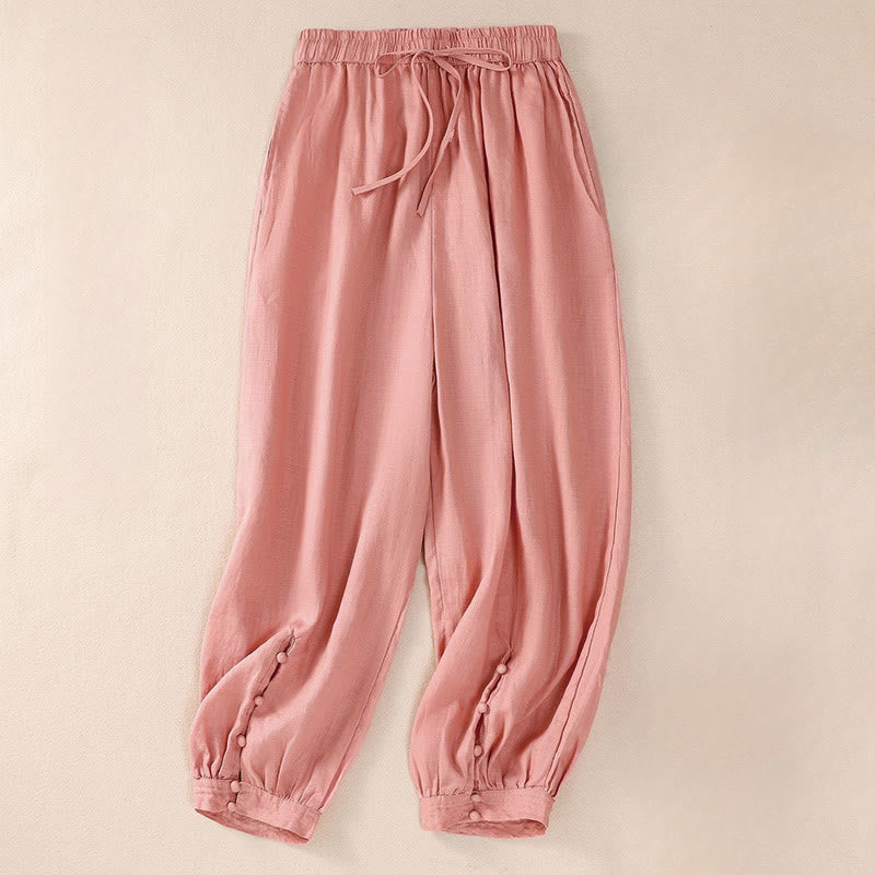 Buddha Stones Pure Color Drawstring Frog-Button Cotton Linen Women's Harem Pants With Pockets