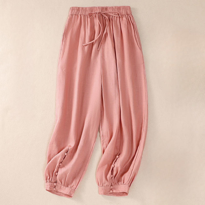Buddha Stones Pure Color Drawstring Frog-Button Cotton Linen Women's Harem Pants With Pockets