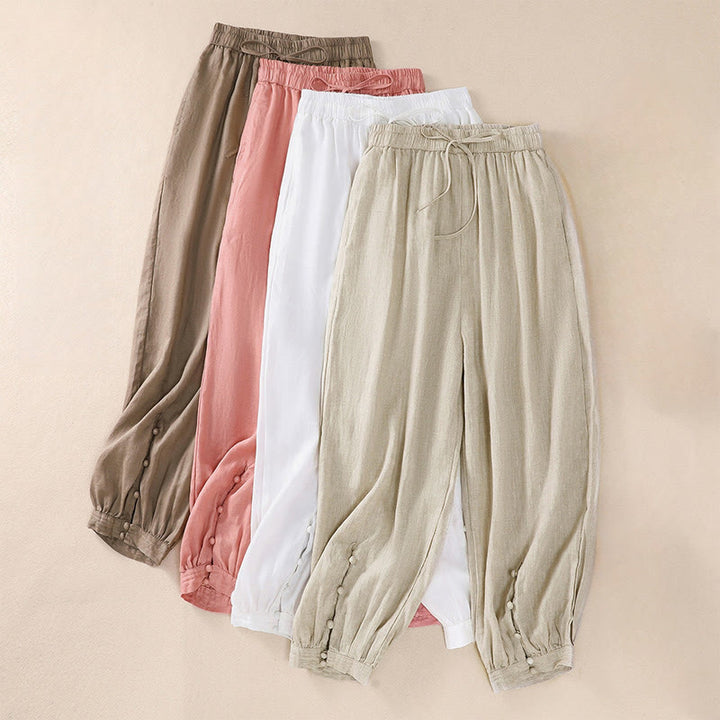 Buddha Stones Pure Color Drawstring Frog-Button Cotton Linen Women's Harem Pants With Pockets