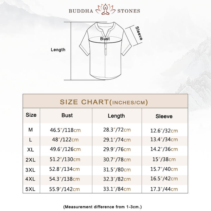 Buddha Stones Solid Color Short Sleeve Half Button Shirt Cotton Linen Men Clothing