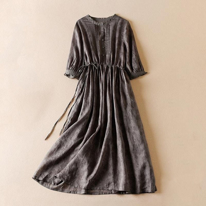 Buddha Stones Casual Drawstring Design Short Sleeve Cotton Midi Dress With Pockets