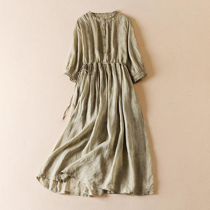Buddha Stones Casual Drawstring Design Short Sleeve Cotton Midi Dress With Pockets