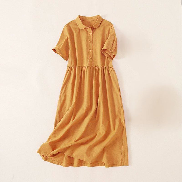 Buddha Stones Summer Buttons Design Short Sleeve Cotton Linen Midi Dress With Pockets