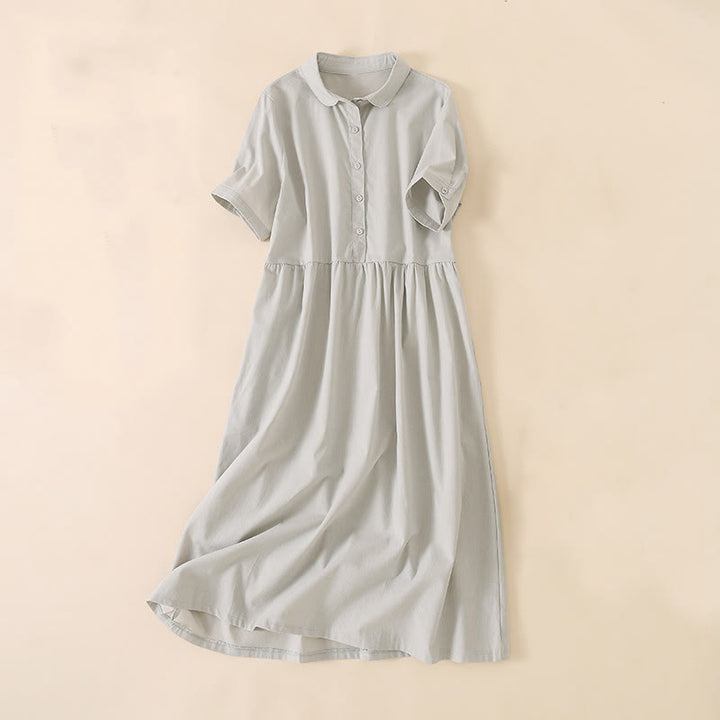 Buddha Stones Summer Buttons Design Short Sleeve Cotton Linen Midi Dress With Pockets
