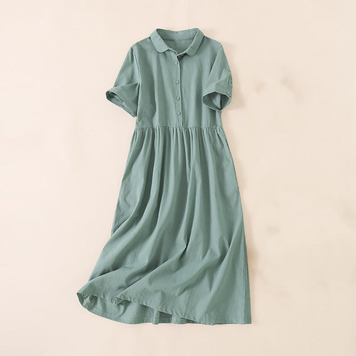 Buddha Stones Summer Buttons Design Short Sleeve Cotton Linen Midi Dress With Pockets