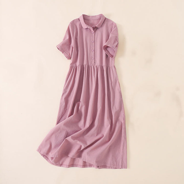 Buddha Stones Summer Buttons Design Short Sleeve Cotton Linen Midi Dress With Pockets
