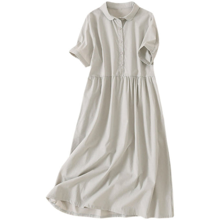 Buddha Stones Summer Buttons Design Short Sleeve Cotton Linen Midi Dress With Pockets