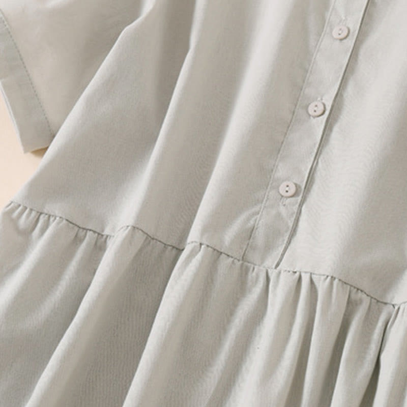 Buddha Stones Summer Buttons Design Short Sleeve Cotton Linen Midi Dress With Pockets