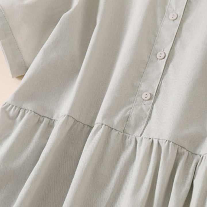Buddha Stones Summer Buttons Design Short Sleeve Cotton Linen Midi Dress With Pockets