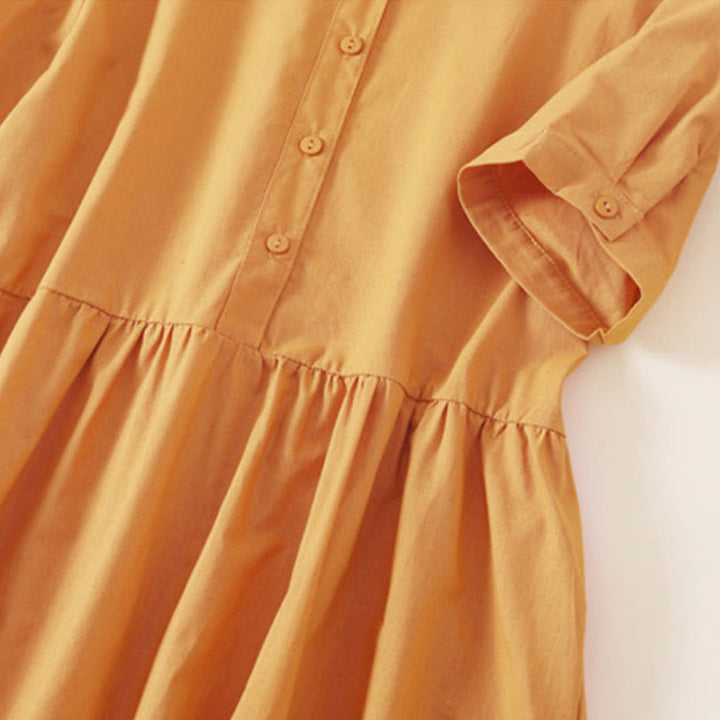 Buddha Stones Summer Buttons Design Short Sleeve Cotton Linen Midi Dress With Pockets