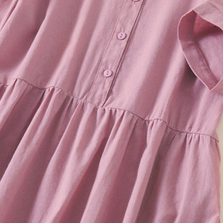Buddha Stones Summer Buttons Design Short Sleeve Cotton Linen Midi Dress With Pockets