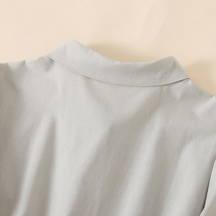 Buddha Stones Summer Buttons Design Short Sleeve Cotton Linen Midi Dress With Pockets