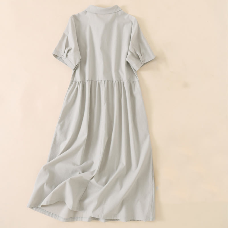 Buddha Stones Summer Buttons Design Short Sleeve Cotton Linen Midi Dress With Pockets