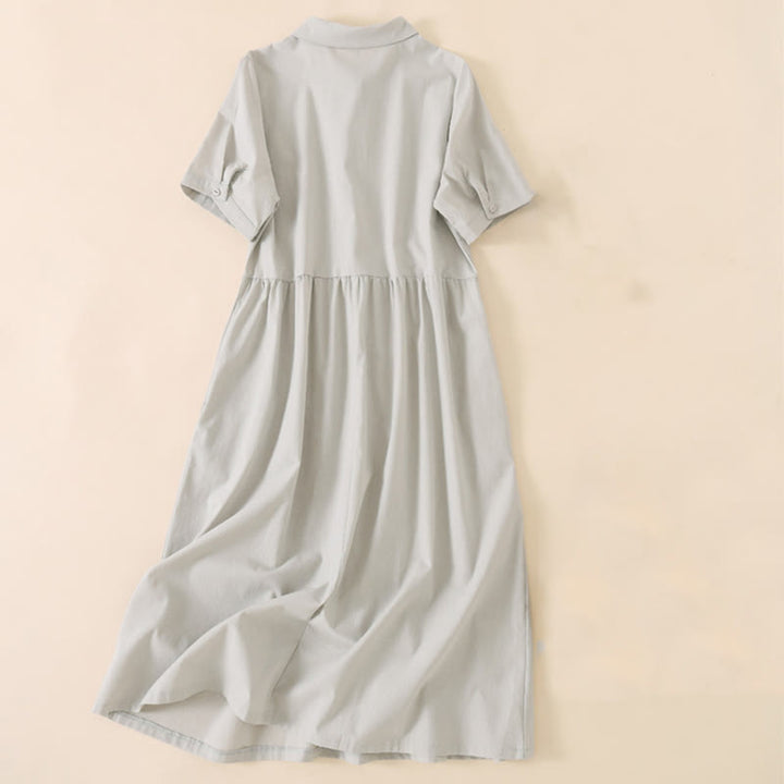 Buddha Stones Summer Buttons Design Short Sleeve Cotton Linen Midi Dress With Pockets