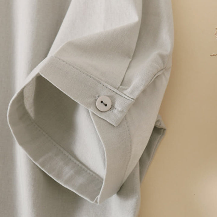 Buddha Stones Summer Buttons Design Short Sleeve Cotton Linen Midi Dress With Pockets - image 13