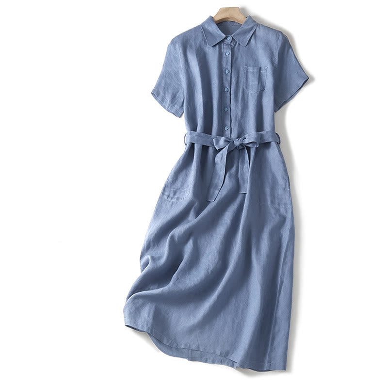 Buddha Stones Summer Lace-up Plain Short Sleeve Cotton Midi Dress With Pockets