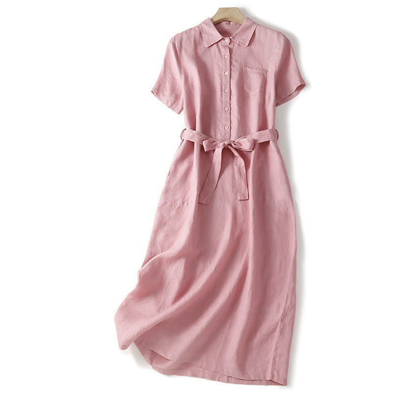 Buddha Stones Summer Lace-up Plain Short Sleeve Cotton Midi Dress With Pockets - LightPink - US8-10，UK/AU12-14，EU40-42 (2XL) - image 1