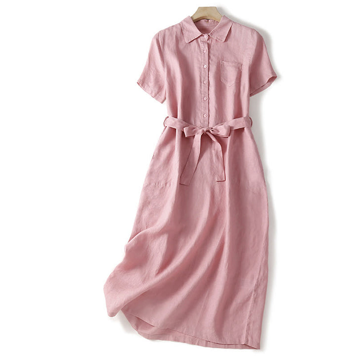 Buddha Stones Summer Lace-up Plain Short Sleeve Cotton Midi Dress With Pockets - LightPink - US8-10，UK/AU12-14，EU40-42 (2XL) - image 1