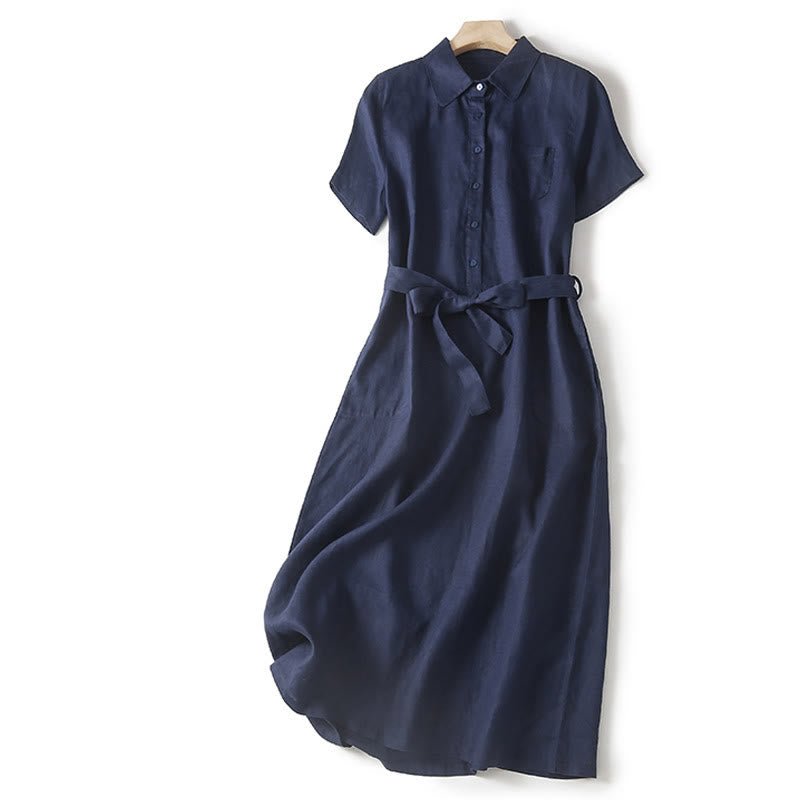 Buddha Stones Summer Lace-up Plain Short Sleeve Cotton Midi Dress With Pockets