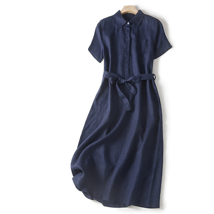 Buddha Stones Summer Lace-up Plain Short Sleeve Cotton Midi Dress With Pockets
