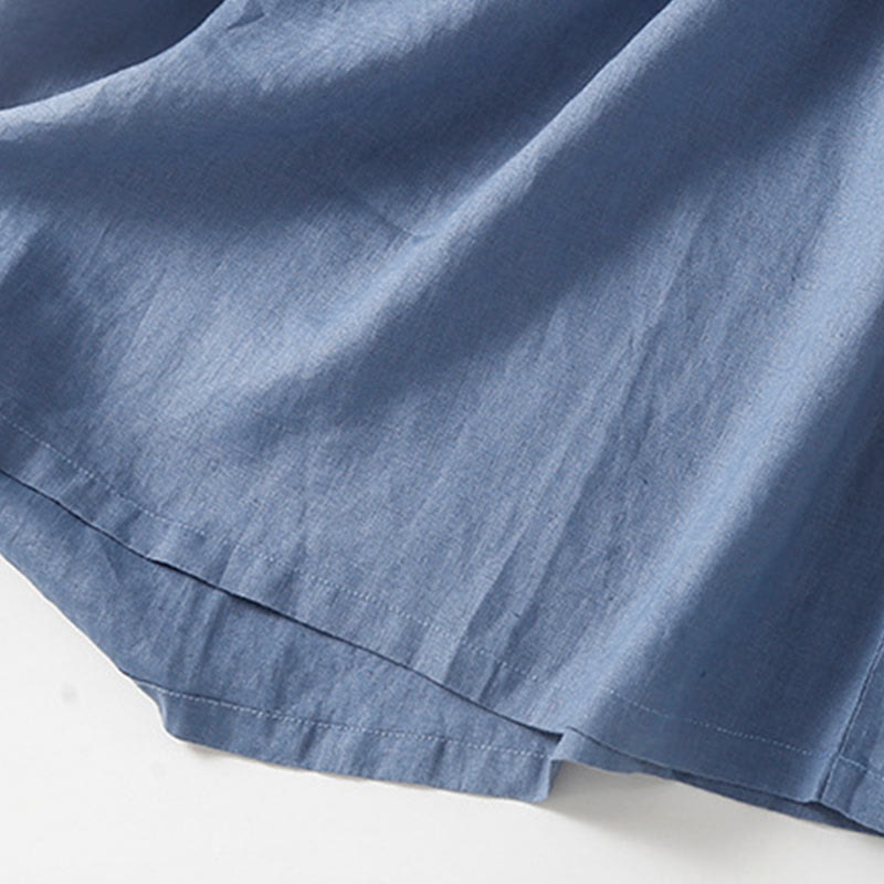 Buddha Stones Summer Lace-up Plain Short Sleeve Cotton Midi Dress With Pockets