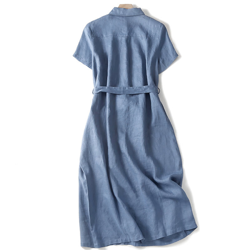 Buddha Stones Summer Lace-up Plain Short Sleeve Cotton Midi Dress With Pockets - image 10