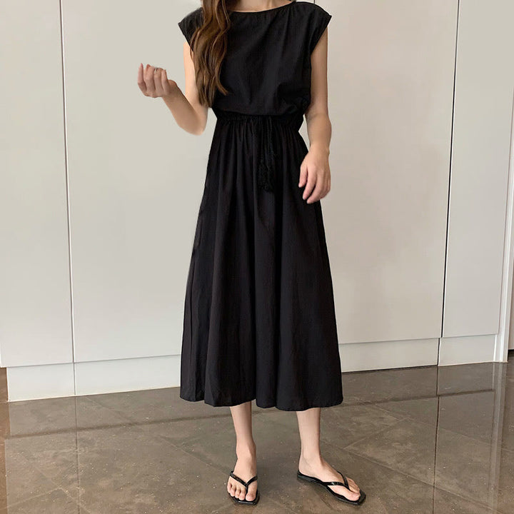 Buddha Stones Casual Eastic Waist Drawstring Design Short Sleeve Cotton Linen Midi Dress