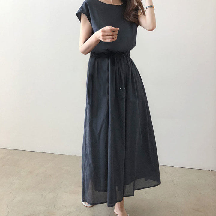 Buddha Stones Casual Eastic Waist Drawstring Design Short Sleeve Cotton Linen Midi Dress