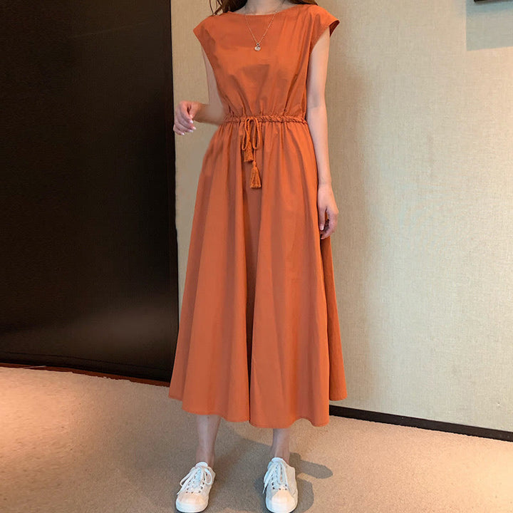 Buddha Stones Casual Eastic Waist Drawstring Design Short Sleeve Cotton Linen Midi Dress