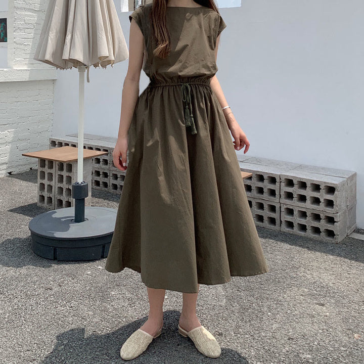 Buddha Stones Casual Eastic Waist Drawstring Design Short Sleeve Cotton Linen Midi Dress