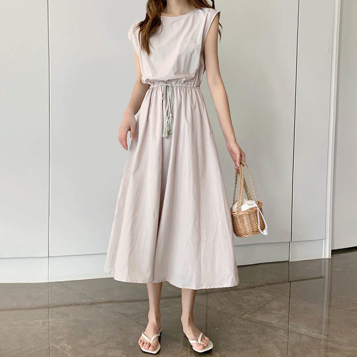 Buddha Stones Casual Eastic Waist Drawstring Design Short Sleeve Cotton Linen Midi Dress