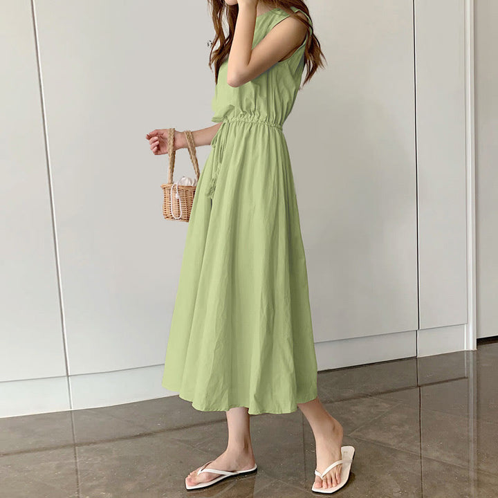 Buddha Stones Casual Eastic Waist Drawstring Design Short Sleeve Cotton Linen Midi Dress
