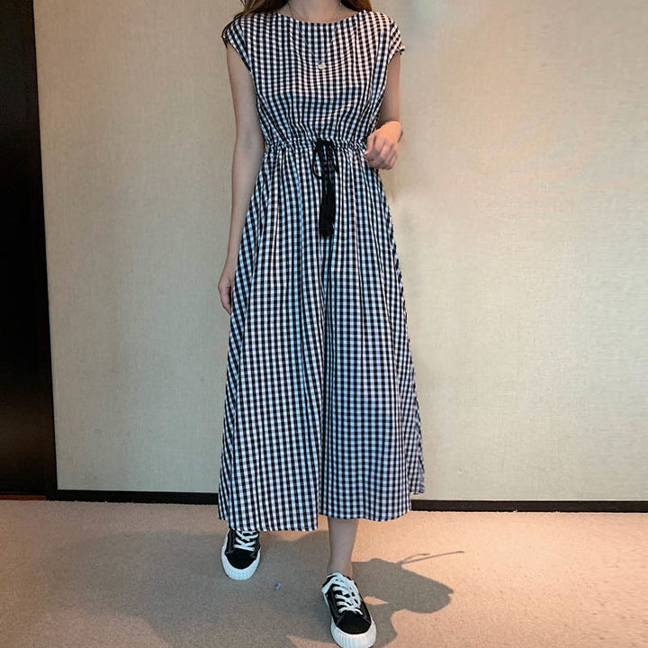 Buddha Stones Casual Eastic Waist Drawstring Design Short Sleeve Cotton Linen Midi Dress