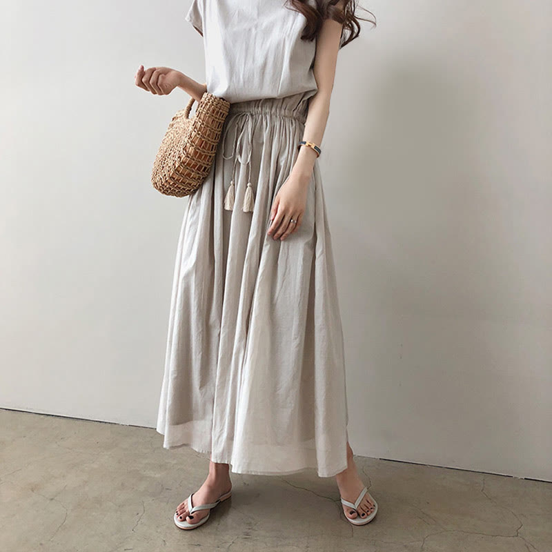 Buddha Stones Casual Eastic Waist Drawstring Design Short Sleeve Cotton Linen Midi Dress