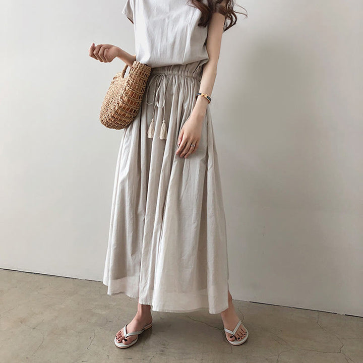 Buddha Stones Casual Eastic Waist Drawstring Design Short Sleeve Cotton Linen Midi Dress