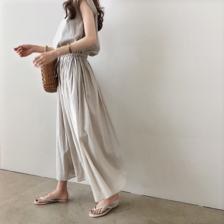 Buddha Stones Casual Eastic Waist Drawstring Design Short Sleeve Cotton Linen Midi Dress