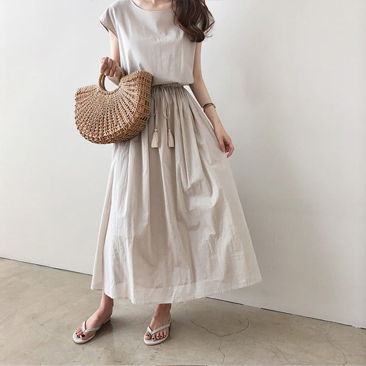 Buddha Stones Casual Eastic Waist Drawstring Design Short Sleeve Cotton Linen Midi Dress