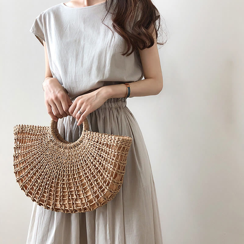 Buddha Stones Casual Eastic Waist Drawstring Design Short Sleeve Cotton Linen Midi Dress