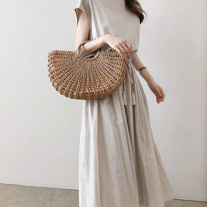 Buddha Stones Casual Eastic Waist Drawstring Design Short Sleeve Cotton Linen Midi Dress