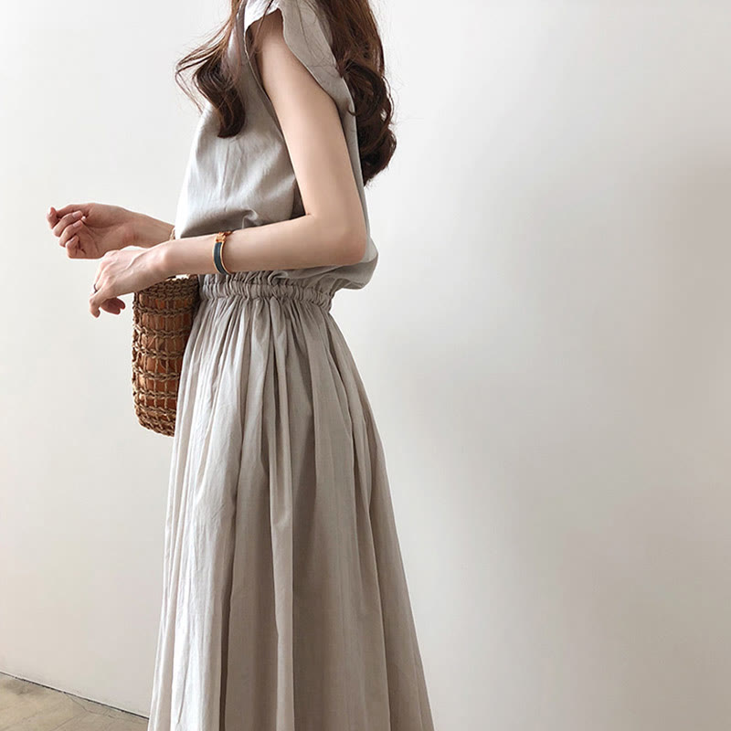 Buddha Stones Casual Eastic Waist Drawstring Design Short Sleeve Cotton Linen Midi Dress
