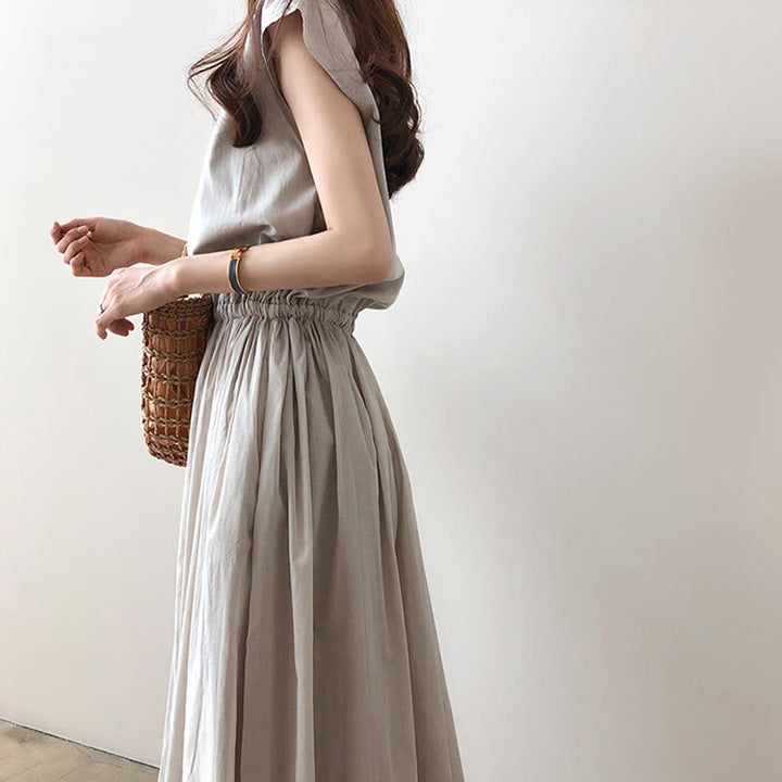 Buddha Stones Casual Eastic Waist Drawstring Design Short Sleeve Cotton Linen Midi Dress