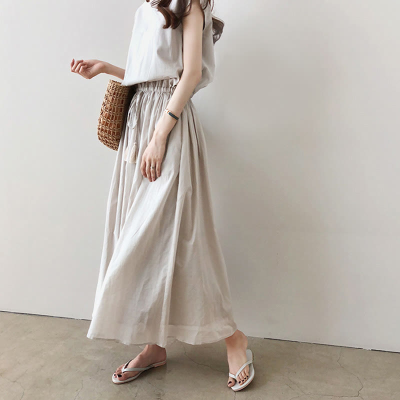 Buddha Stones Casual Eastic Waist Drawstring Design Short Sleeve Cotton Linen Midi Dress