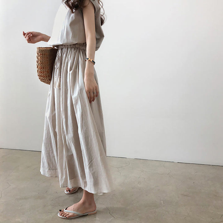Buddha Stones Casual Eastic Waist Drawstring Design Short Sleeve Cotton Linen Midi Dress