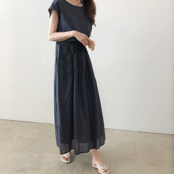 Buddha Stones Casual Eastic Waist Drawstring Design Short Sleeve Cotton Linen Midi Dress