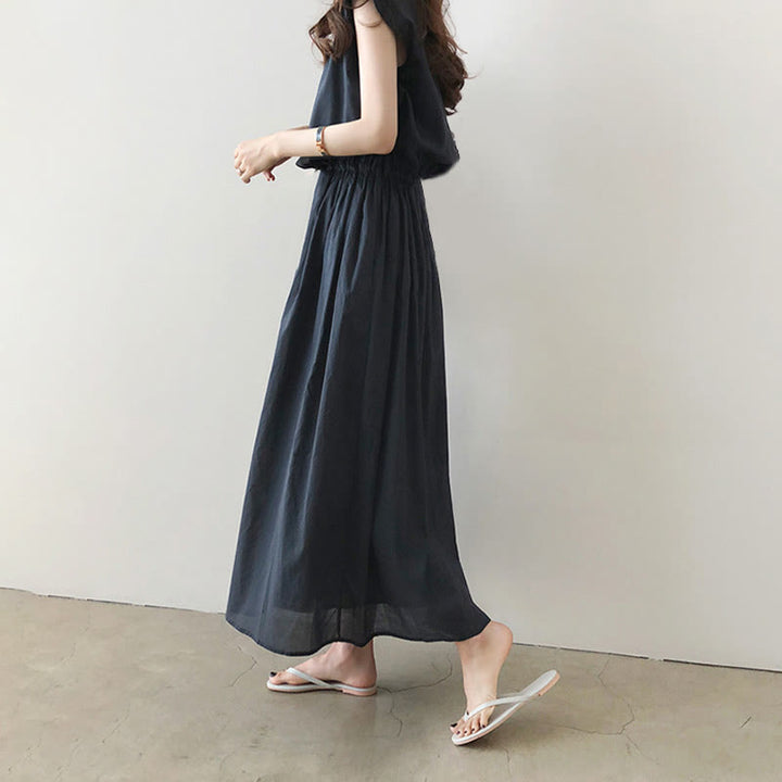 Buddha Stones Casual Eastic Waist Drawstring Design Short Sleeve Cotton Linen Midi Dress